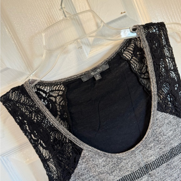 Miss Me Gray and Black Striped Rhinestone Lace Tank Top - Picture 3 of 7